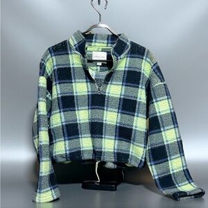 American Eagle Outfitters Navy & Light Yellow Plaid Quarter-Zip Pullover